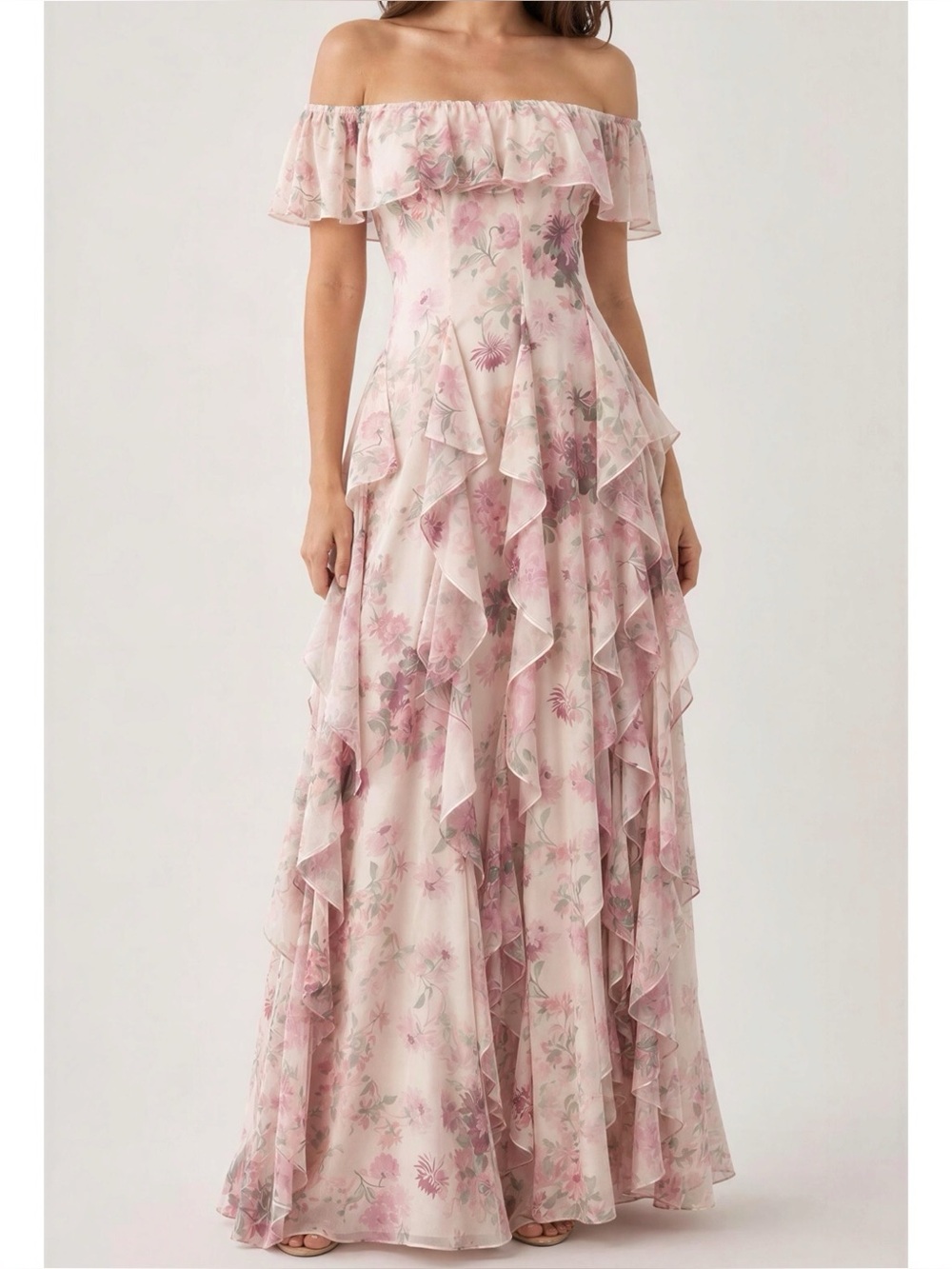 BHLDN Chiffon Scoop-Neck Ruffle Maxi Dress, Floral Pink Combo, XL